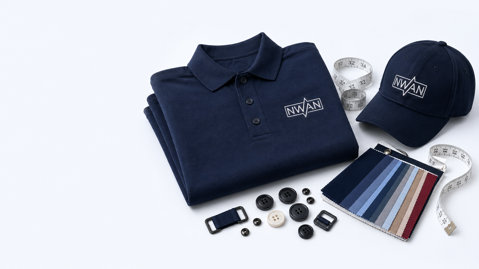 NWAN branded polo shirt, cap, measuring tape, buttons, and fabric swatches for corporate apparel programs