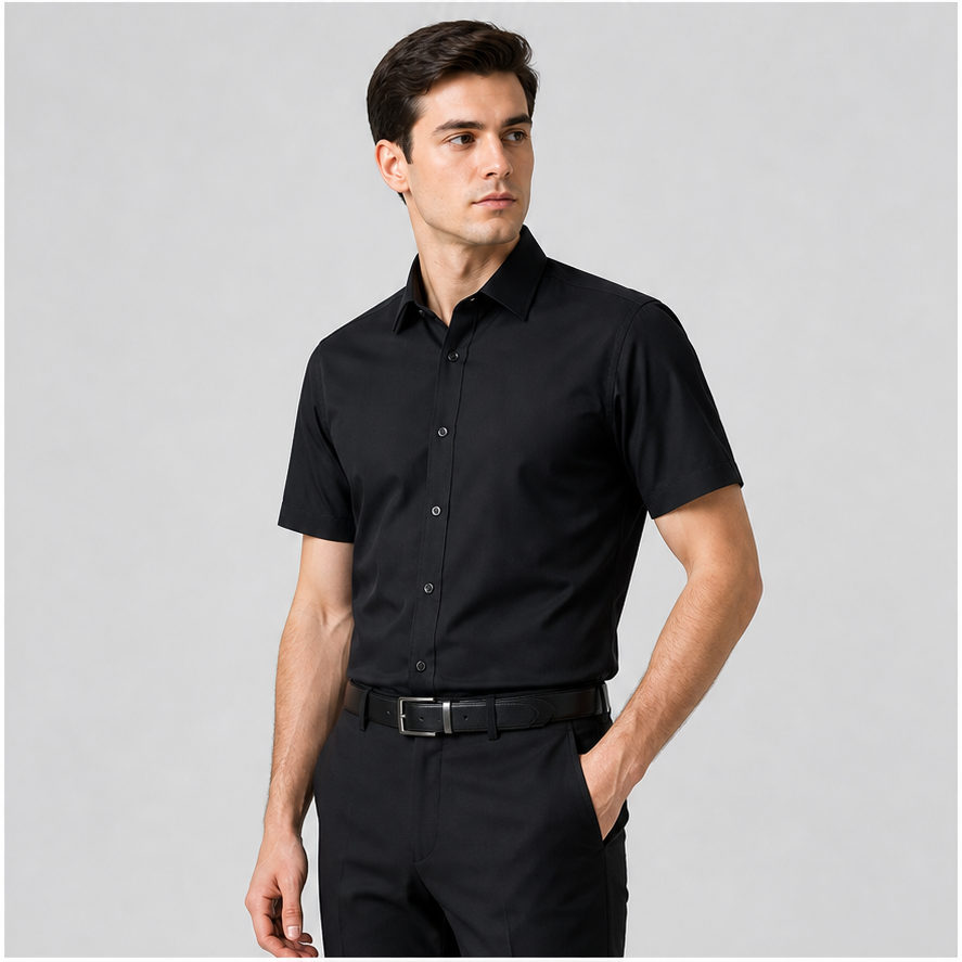 Realistic male model wearing the 2504 black matte smooth woven short sleeve corporate dress shirt without logo or watermark