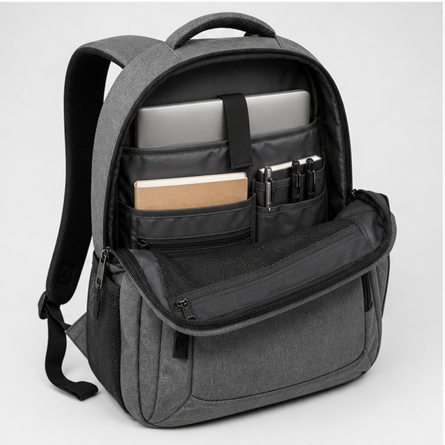 Gray branded backpack open to show laptop compartment and internal organization
