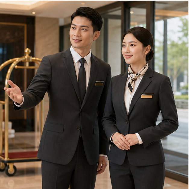 Hotel concierge team wearing charcoal and black blazer uniforms in a lobby service scene