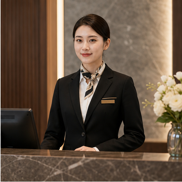 Female hotel reception staff wearing a black tailored blazer uniform behind a front desk