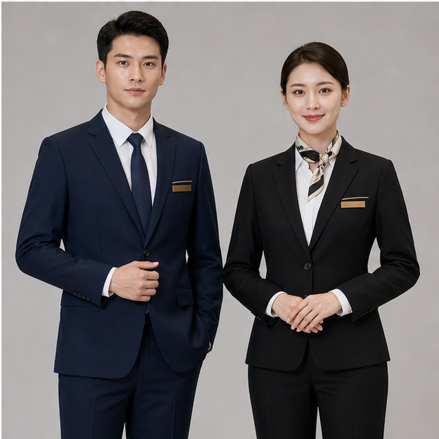 Men and women hotel front desk blazer uniforms shown in a clean studio catalog view