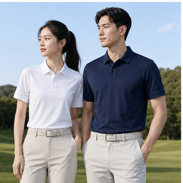Business casual team wearing white and navy performance polo shirts outdoors