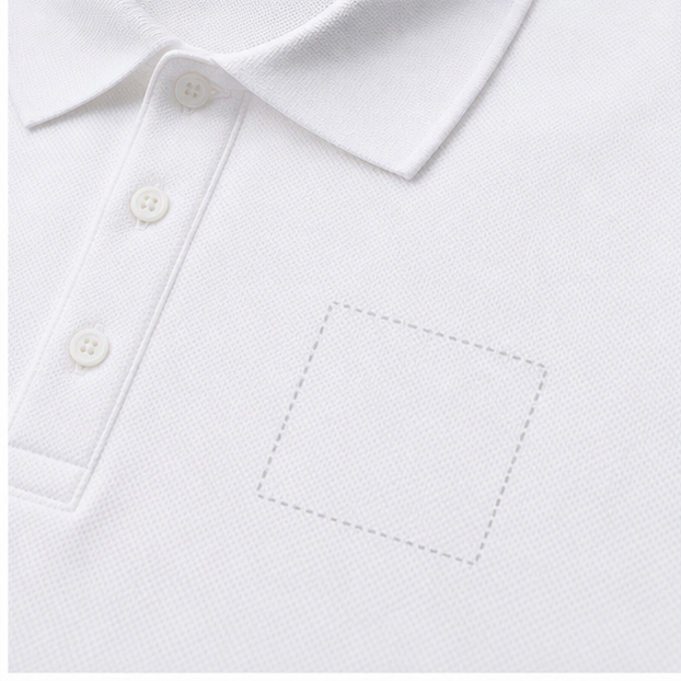 Blank left chest logo placement area on white corporate polo shirt