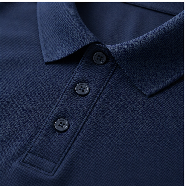 Navy corporate polo shirt collar and three-button placket detail