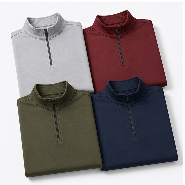 Light grey burgundy olive green and dark navy quarter zip pullover color options