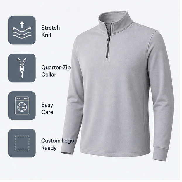 Quarter zip performance pullover feature detail infographic