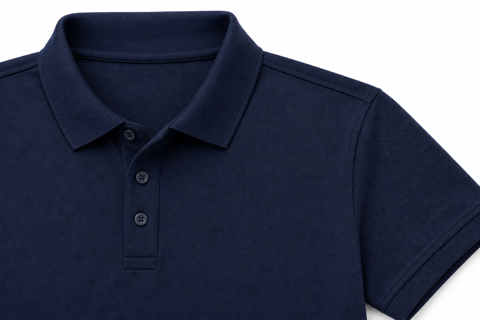 Black soft cotton business polo collar short placket shoulder seam and sleeve cuff detail