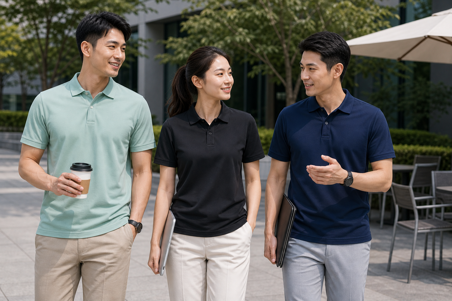 Corporate staff wearing soft cotton business polo shirts in outdoor summer team setting