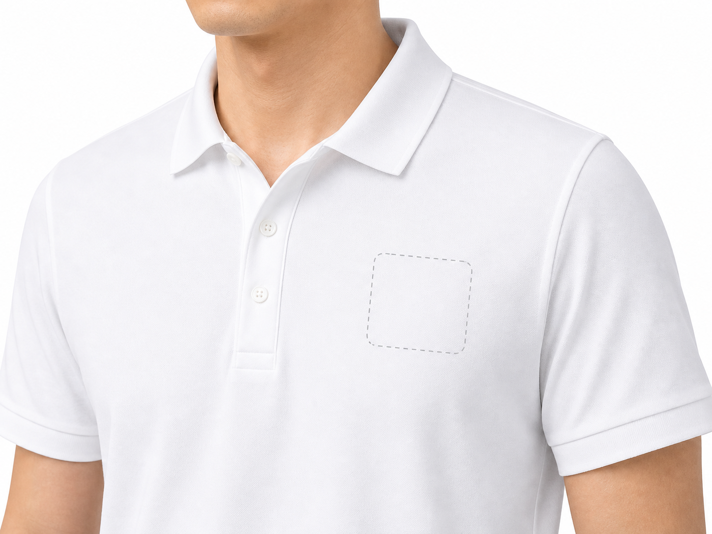 Blank left chest logo placement area on white soft cotton business polo shirt